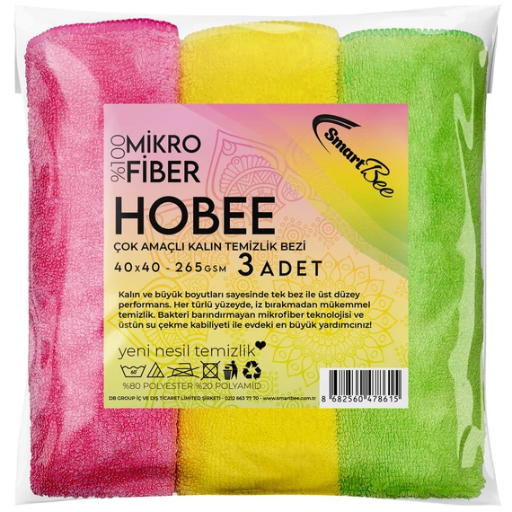 HOBEE - 265 gr/m2 3 szín 3 db Mikroszálas Törlőkendő 40 x 40 cm
